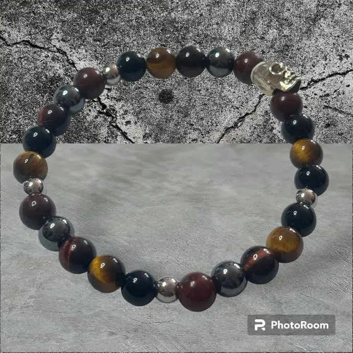 BRACELET HOMME HEMATITE OEIL TIGRE TAUREAU ONYX JASPE BRECHIQUE