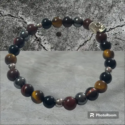 BRACELET HOMME HEMATITE OEIL TIGRE TAUREAU ONYX JASPE BRECHIQUE